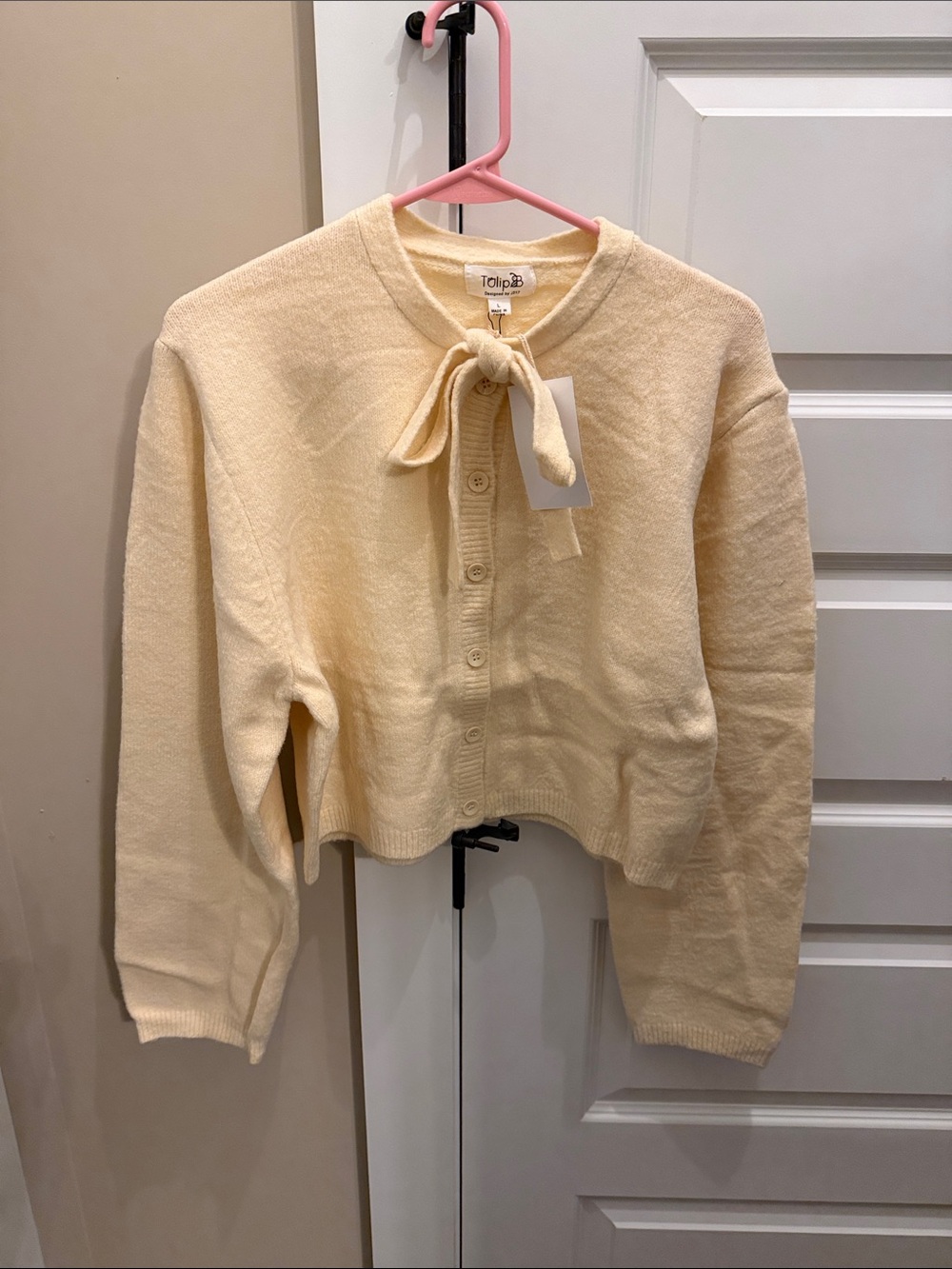 Tulip B Cream Tie-Neck Cropped Cardigan Sweater